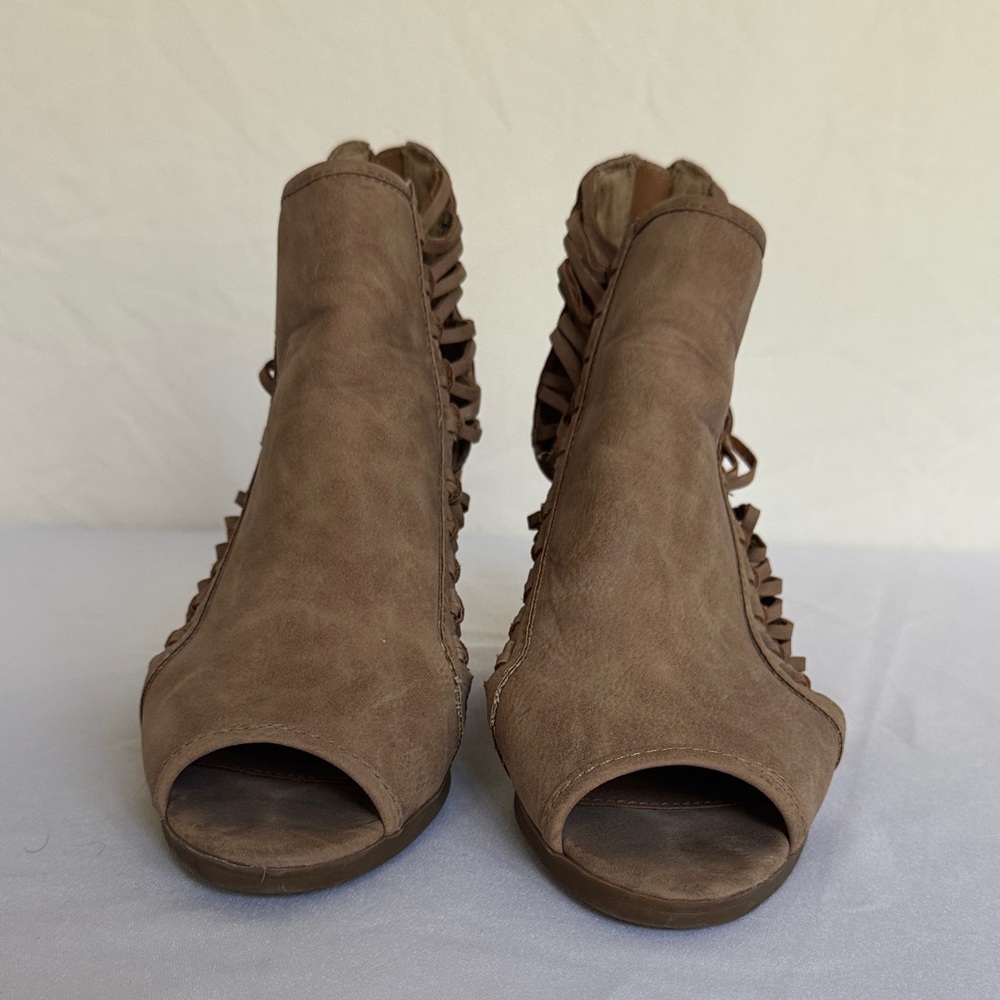 Rampage Tan Peep-Toe Fringe Ankle Booties